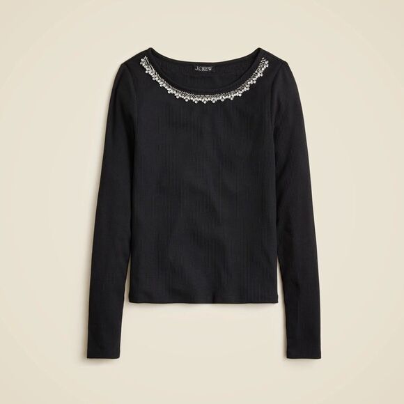 NWT J CREW Vintage rib boatneck T-shirt with embellishments in black - Picture 6 of 8